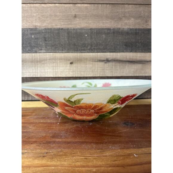 Beautiful Floral Handpainted Glass Bowl 14” Wide - Picture 2 of 10